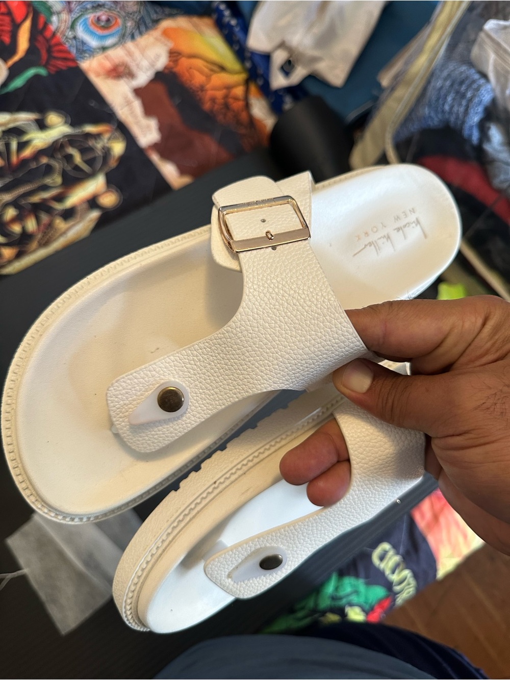White Leather Buckle Toe-Post Sandals -